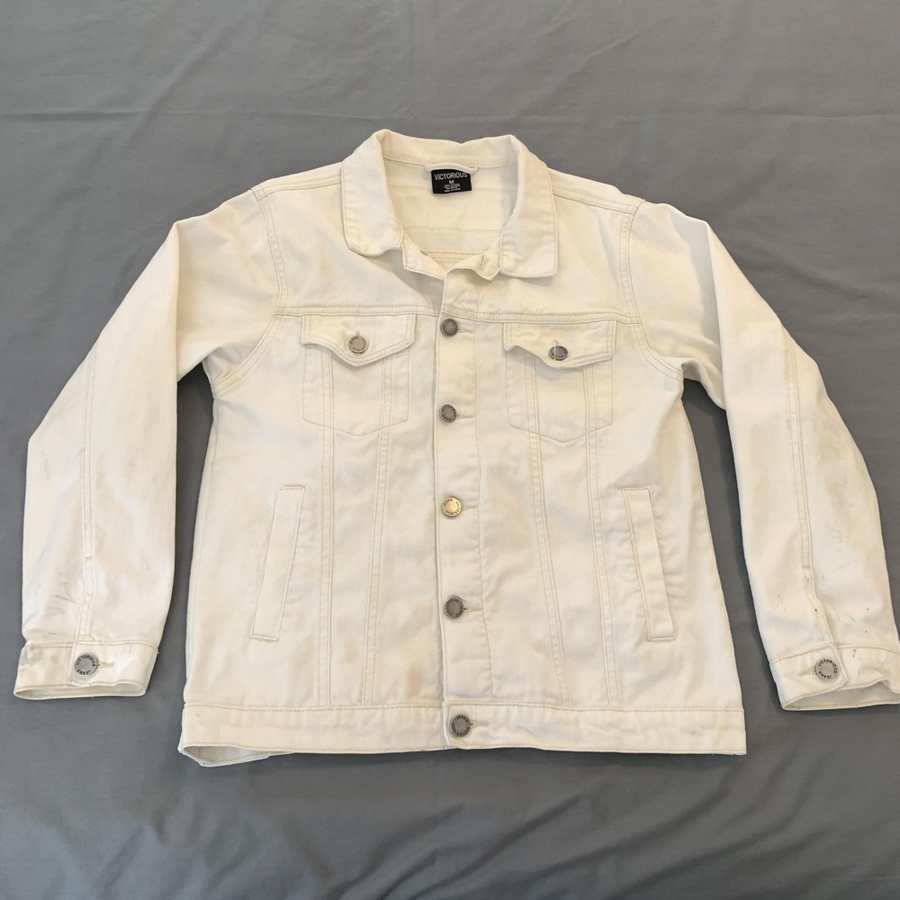 Victorious Jacket Mens Medium White Denim Jean‎ World Tour Paris London Patch
